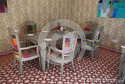 Interior view of a room with traditional furniture from Western India. Restaurant room with a beautiful interior. Luxury Editorial Stock Photo