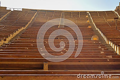 interior view of the rows of seats inside the old church of Saint Simon Stock Photo