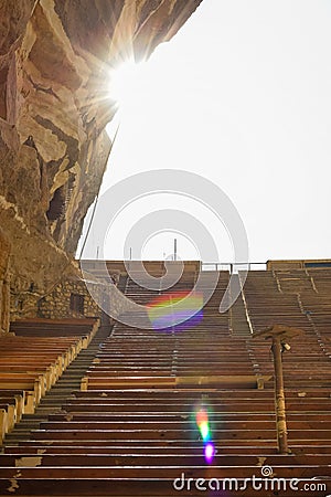 interior view of the rows of seats inside the old church of Saint Simon Stock Photo