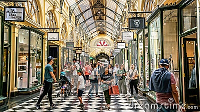 Interior view of Royal Arcade full of people people in Melbourne Australia Editorial Stock Photo