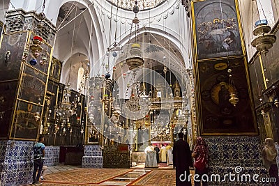 Interior view of St. James Armenian Orthodox Cathedral during a service in Jerusalem Editorial Stock Photo