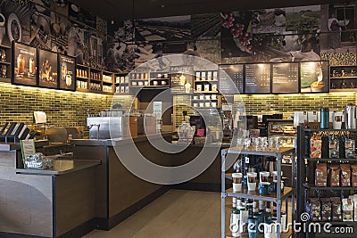Interior view of the Starbucks Coffee coffeehouse. Editorial Stock Photo