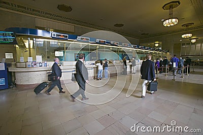 Interior view of 30th Street Station and ticket booths, a national Register of Historic Places, AMTRAK Train Station in Editorial Stock Photo