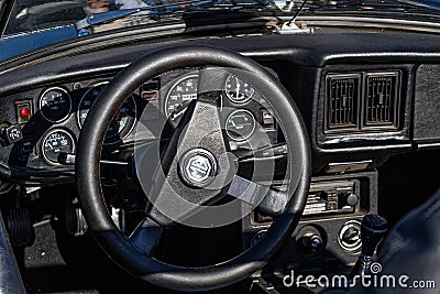Interior view of a vintage MGB two-door sports car from the 1960s Editorial Stock Photo