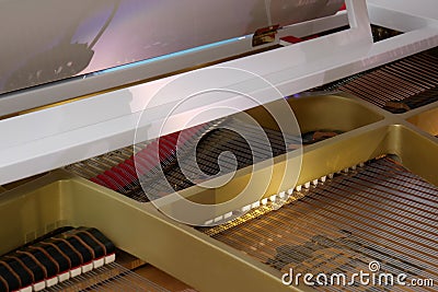 Close up view of the interior of a grand white piano with strings body Stock Photo