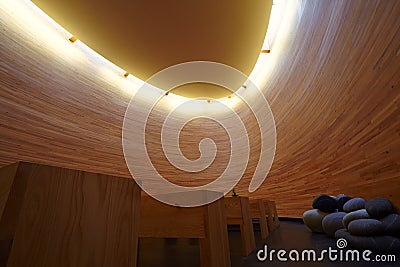 Interior view of wood church, unique design Editorial Stock Photo
