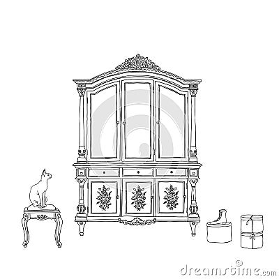 Interior with vintage wardrobe , Shoe boxes and cat,hand sketch with contour lines. Vector illustration Stock Photo