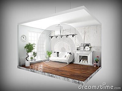 Interior without walls. 3D rendering Stock Photo