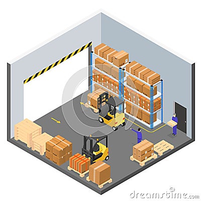 Interior Warehouse Building Isometric View. Vector Vector Illustration