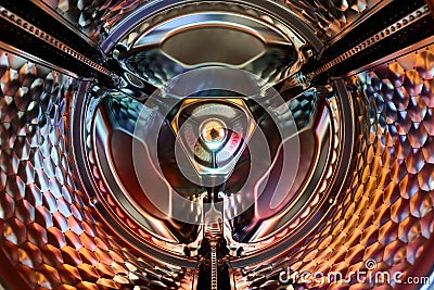 The interior of a washing machine or dryer drum illuminated by coloured light. Stock Photo