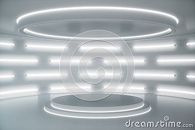 Interior white futuristic background, sci-fi interior concept. Empty interior with neon lights 3D illustration Cartoon Illustration