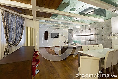 Interior, wide loft, dining room Stock Photo