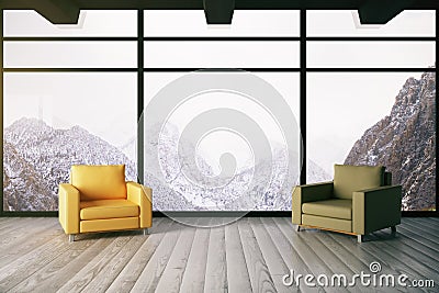 Interior with winter landscape view Stock Photo