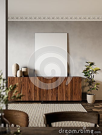 Interior with wood dresser, plants and carpet. Cartoon Illustration