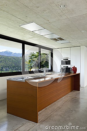 Interior, wooden kitchen island Stock Photo