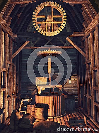 Interior of a wooden mill Stock Photo