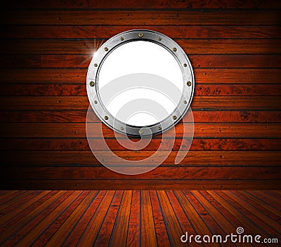 Interior Wooden Room with Metal Porthole Stock Photo