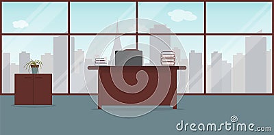 Interior of working place in the modern office.Large window with city landscape with skyscrapers.Vector illustration. Furniture: Vector Illustration