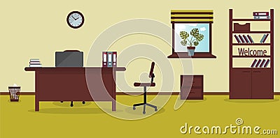Interior of working place in the office on the light lime background. Vector illustration. Furniture: table, chair, cabinet with Vector Illustration