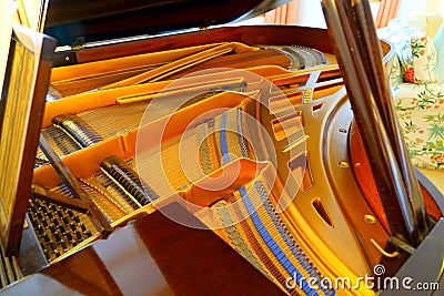 Interior workings of a grand piano Stock Photo