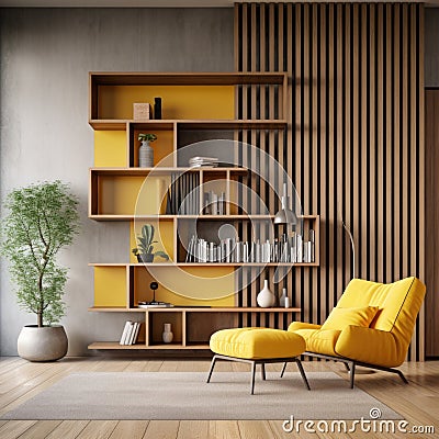 Interior with yellow armchair and ladder shelf in modern living room with wooden panelling, home design 3d rendering Stock Photo