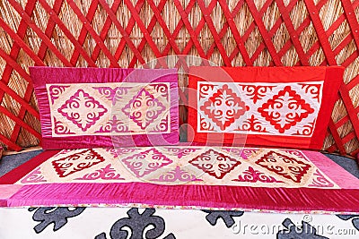 Interior of Yurt. It is a portable tent house in the culture of Central Asian nomadic peoples. Ethnic and folk patterns for home Stock Photo