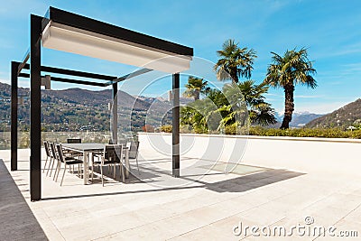 Interiors, beautiful veranda overlooking the lake Stock Photo