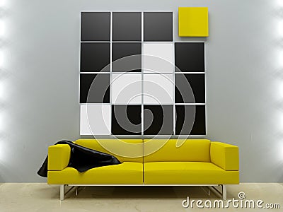 Interiors design - Yellow couch in modern style Stock Photo