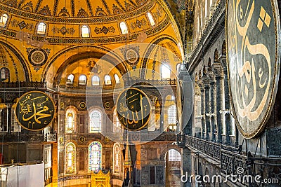 Interiors of Hagia Sophia, the former Greek Orthodox Christian patriarchal cathedral, later an Ottoman imperial mosque and now a Editorial Stock Photo