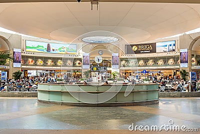 Interiors with information desk of Ben Gurion International Airport in Tel Aviv, Israel Editorial Stock Photo