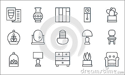 Interiors line icons. linear set. quality vector line set such as armchair, chest of drawers, terrarium, succulent, lamp, Vector Illustration