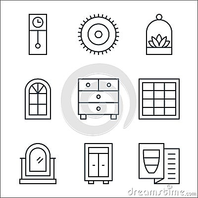 Interiors line icons. linear set. quality vector line set such as brochure, closet, mirror, window, chest of drawers, window, Vector Illustration