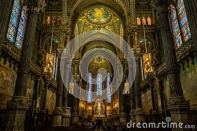 Interiors of the Notre-Dame-de-FourviÃ¨res church Editorial Stock Photo