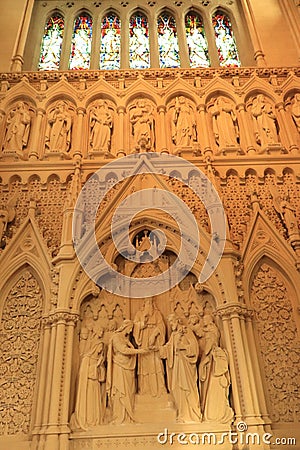 Interiors of St. Finbarr`s Cathedral - carvings of biblical characters - Irish religious tour - Ireland travel Stock Photo