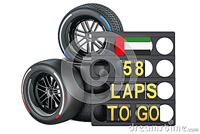 Interlagos racing, pit board with flag of the United Arab Emirates and racing wheels with different compounds type tyres. 3D Stock Photo