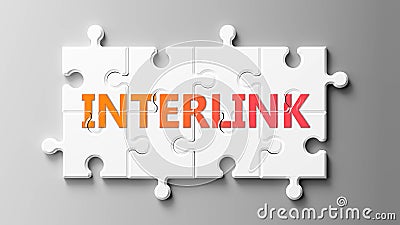 Interlink complex like a puzzle - pictured as word Interlink on a puzzle pieces to show that Interlink can be difficult and needs Cartoon Illustration
