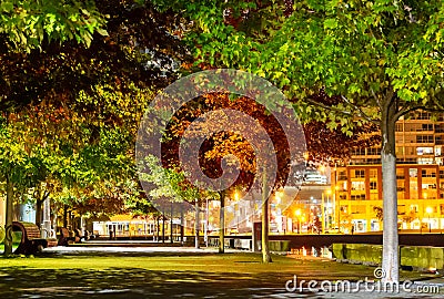 An interlock park path and treed in area along the lake shore at Editorial Stock Photo