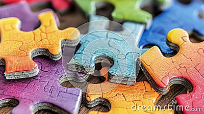 Interlocking puzzle pieces symbolize problem solving, teamwork, and the process of uniting individual parts to achieve a Stock Photo