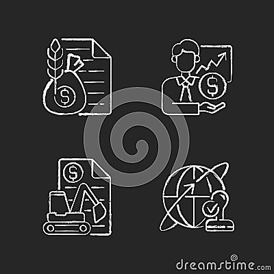 Intermediary services chalk white icons set on black background Vector Illustration