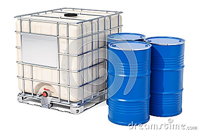 Intermediate bulk container with metallic barrels, 3D rendering Stock Photo