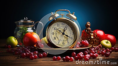 Intermittent Fasting Concept Theme of Fruits With Alarm Clock Background Stock Photo