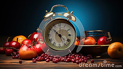 Intermittent Fasting Concept Theme of Fruits With Alarm Clock Background Stock Photo