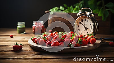 Intermittent Fasting Concept Theme of Fruits With Alarm Clock Background Stock Photo