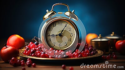 Intermittent Fasting Concept Theme of Fruits With Alarm Clock Background Stock Photo