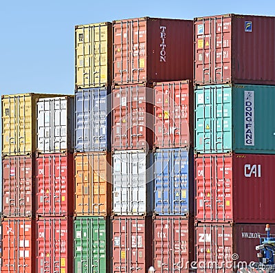 Intermodal containers stacked in freight yard Editorial Stock Photo