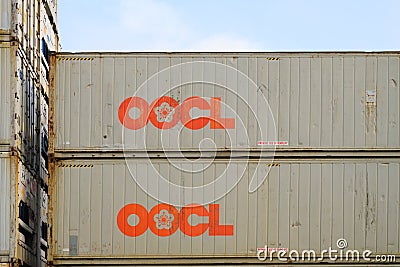 Intermodal shipping containers of OOCL - Orient Overseas Container Line Editorial Stock Photo