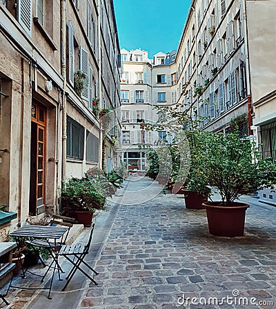 Intern court of a parisian buliding in the center of Paris, haussmannian architecture style, Paris, France Stock Photo