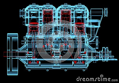 Internal combustion engine (3D xray red and blue transparent) Stock Photo