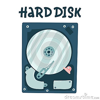 Internal computer Hard disk. Harddisk flat vector illustration with hand drawn lettering Cartoon Illustration