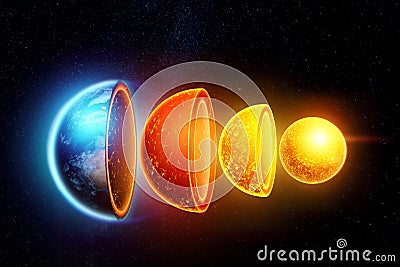 The internal structure of the earth, the structure of the core, geological layers on a dark background of space. Concept geology Cartoon Illustration